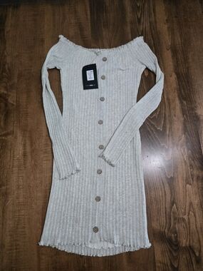 Fashion Nova Cream Ribbed Off-Shoulder Button Dress